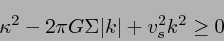\begin{displaymath}
\kappa^2 - 2\pi G\Sigma \vert k\vert + v_s^2 k^2 \ge 0
\end{displaymath}