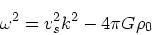 \begin{displaymath}
\omega^2 =v_s^2 k^2 - 4\pi G\rho_0
\end{displaymath}